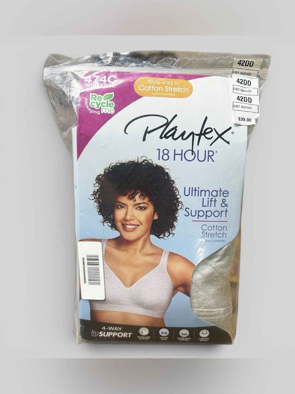 Playtex 18 Hour Ultimate Lift & Support Cotton Stretch Wire Free Bra 42DD Grey